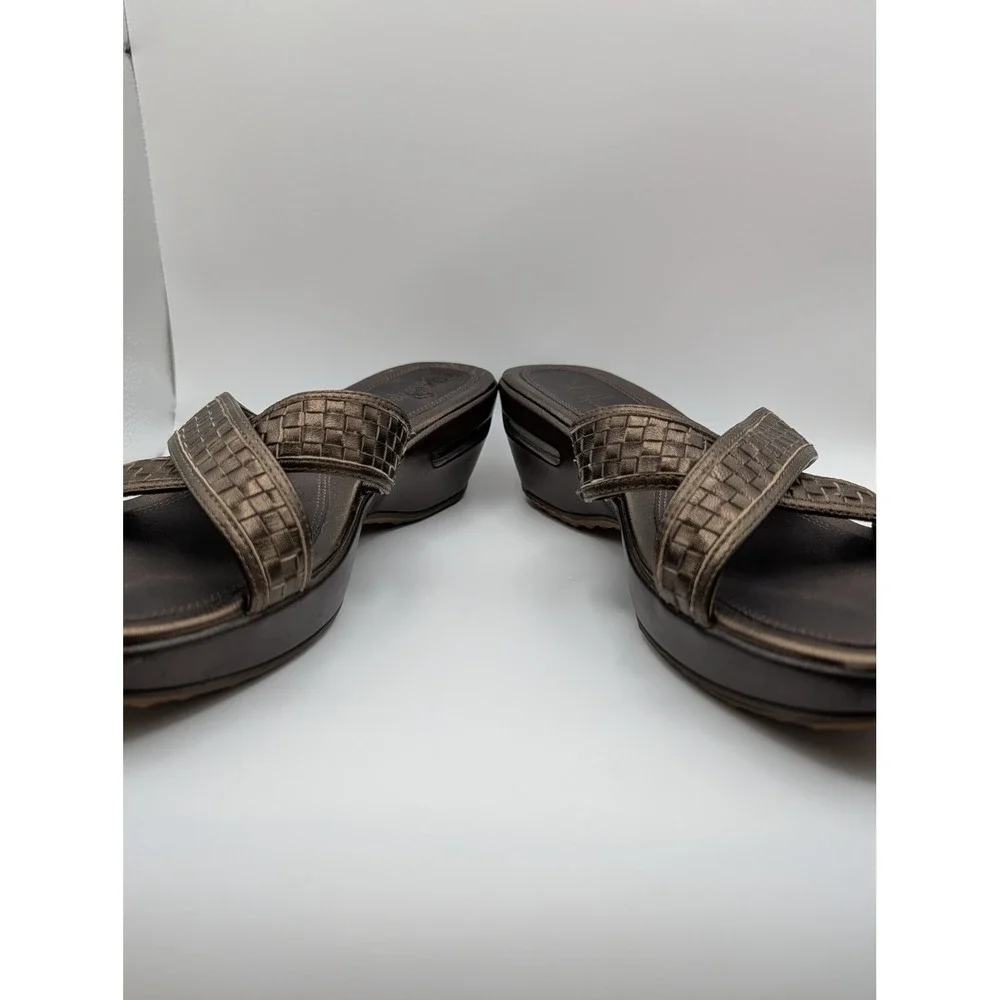 Cole Haan Womens Metallic Bronze Woven Leather Wedge Slide Sandals Platform 7.5B